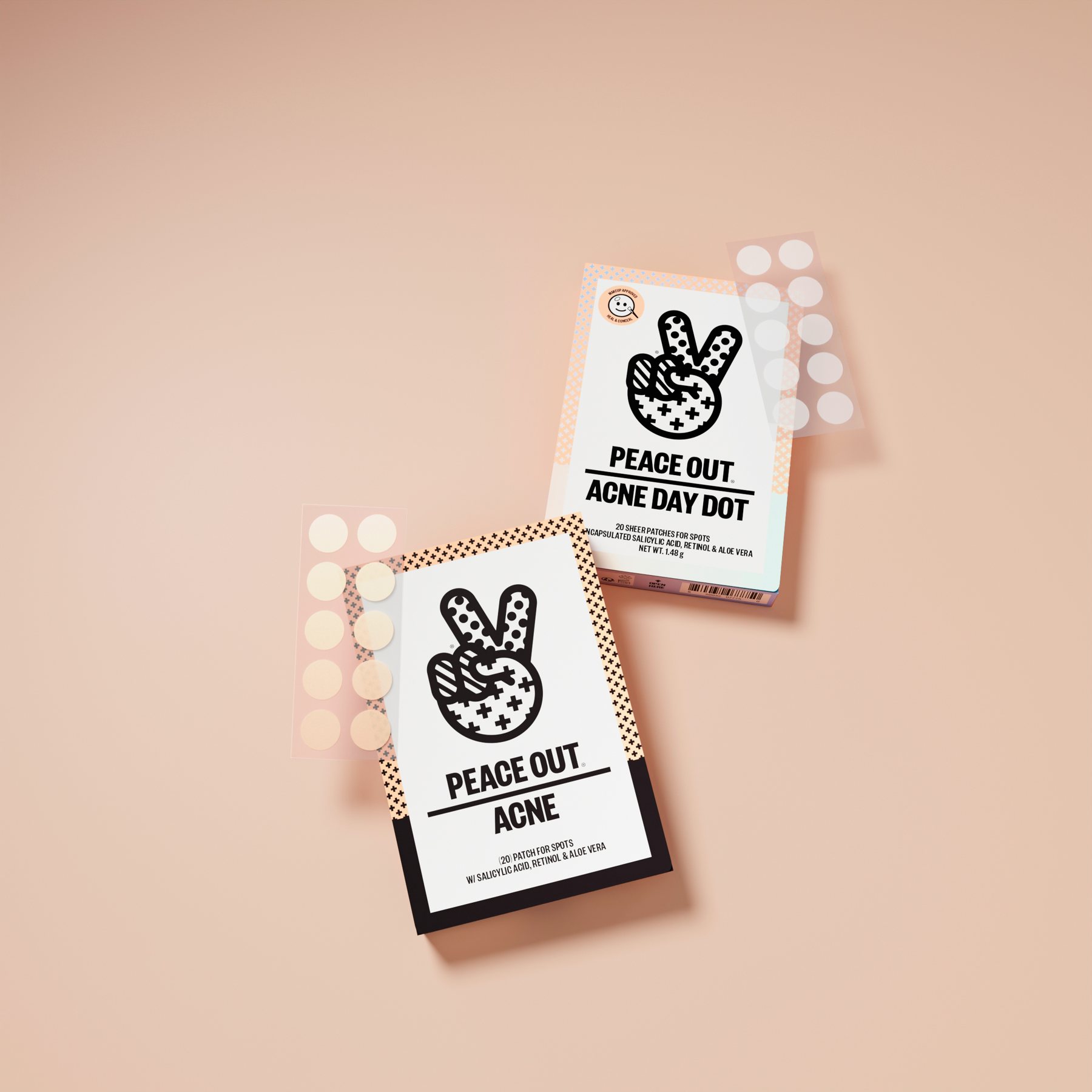 Two Peace Out acne dot boxes with patch sheets on a peach background