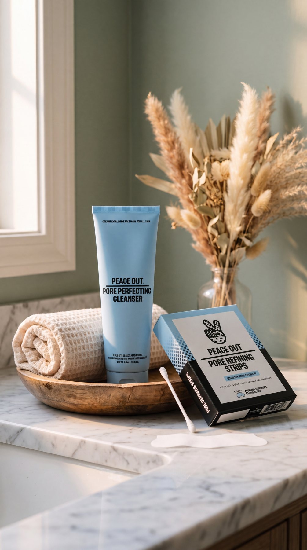 Pore Perfecting Cleanser and Pore Refining Strips on a marble counter with dried flowers