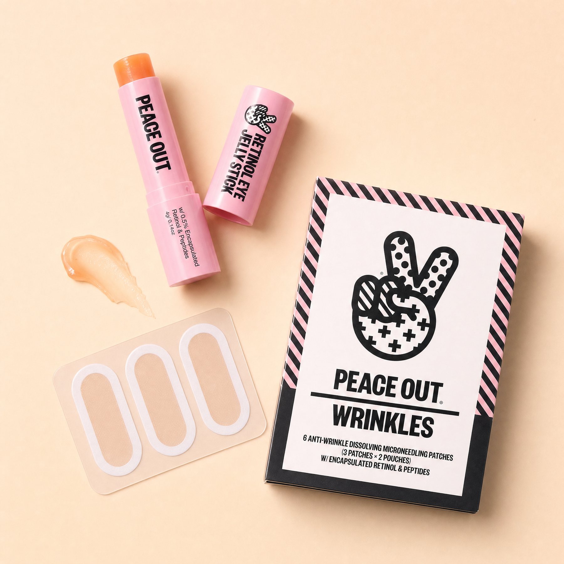 Retinol Eye Jelly Stick with a balm swatch, Wrinkles box and patch sheet on peach