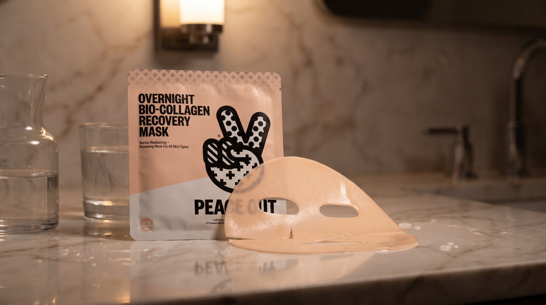 Peace Out Overnight Bio-Collagen Recovery Mask pouch and hydrogel mask on a marble vanity at night