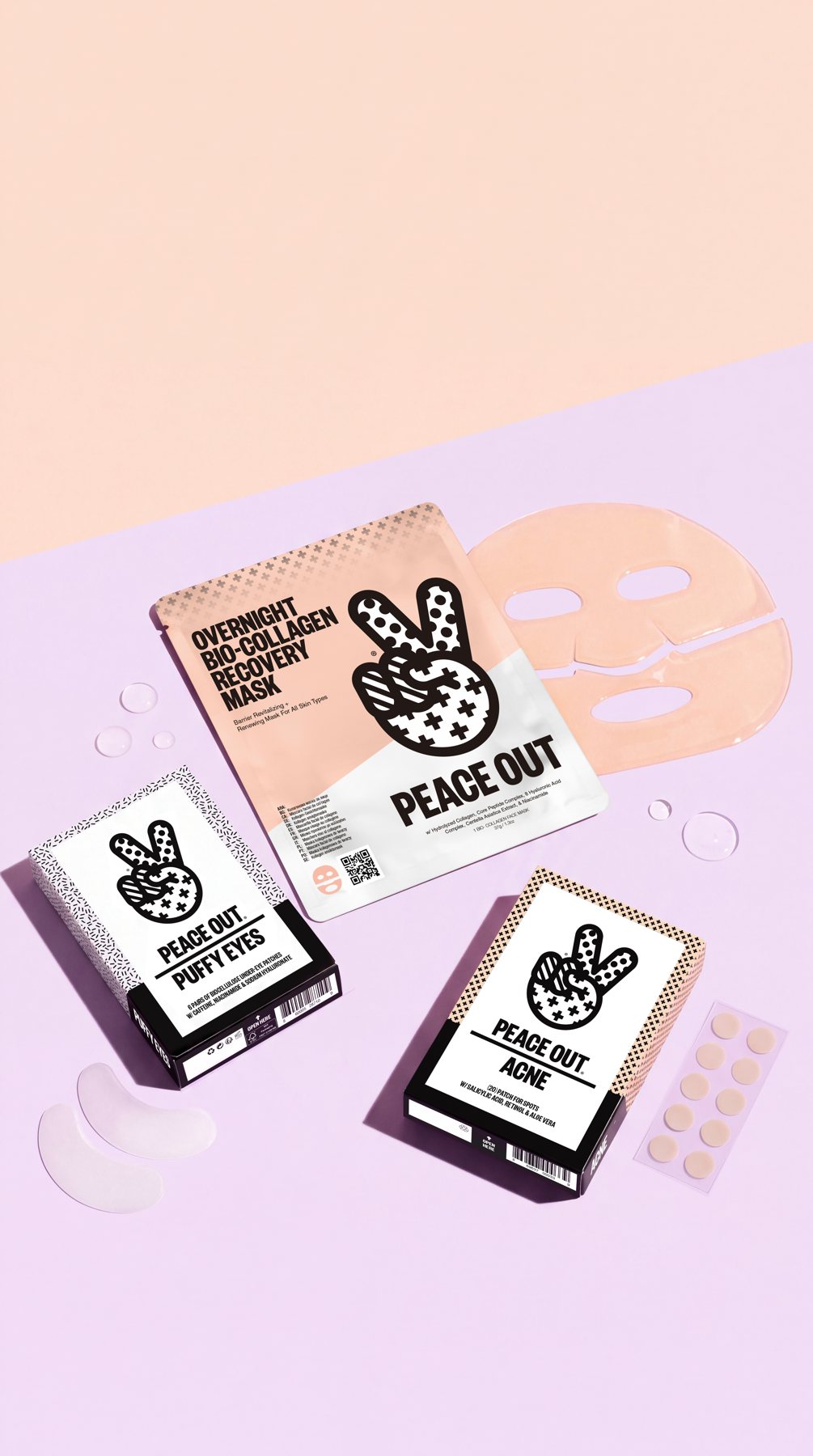 Recovery Mask, Puffy Eyes and Acne boxes with patches on a peach and lilac color-block background