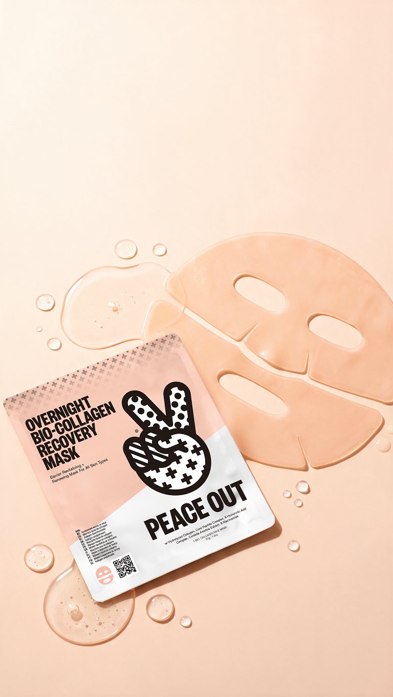 Overnight Bio-Collagen Recovery Mask pouch and hydrogel mask with serum drops on peach