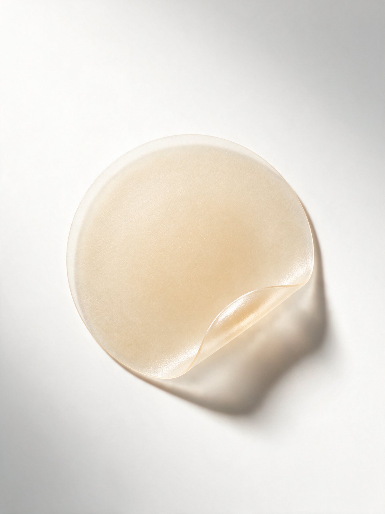 Macro of a translucent hydrocolloid patch peeling at the edge on white