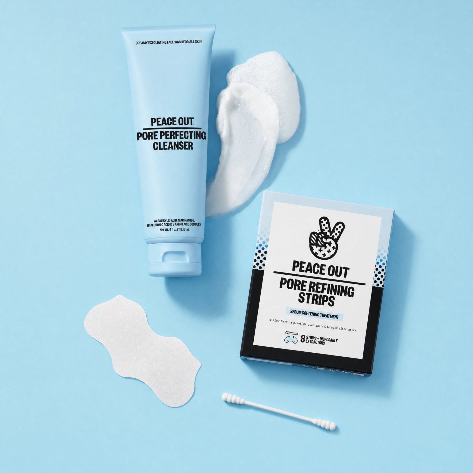 Pore Perfecting Cleanser with lather, Pore Refining Strips box, nose strip and extractor on blue