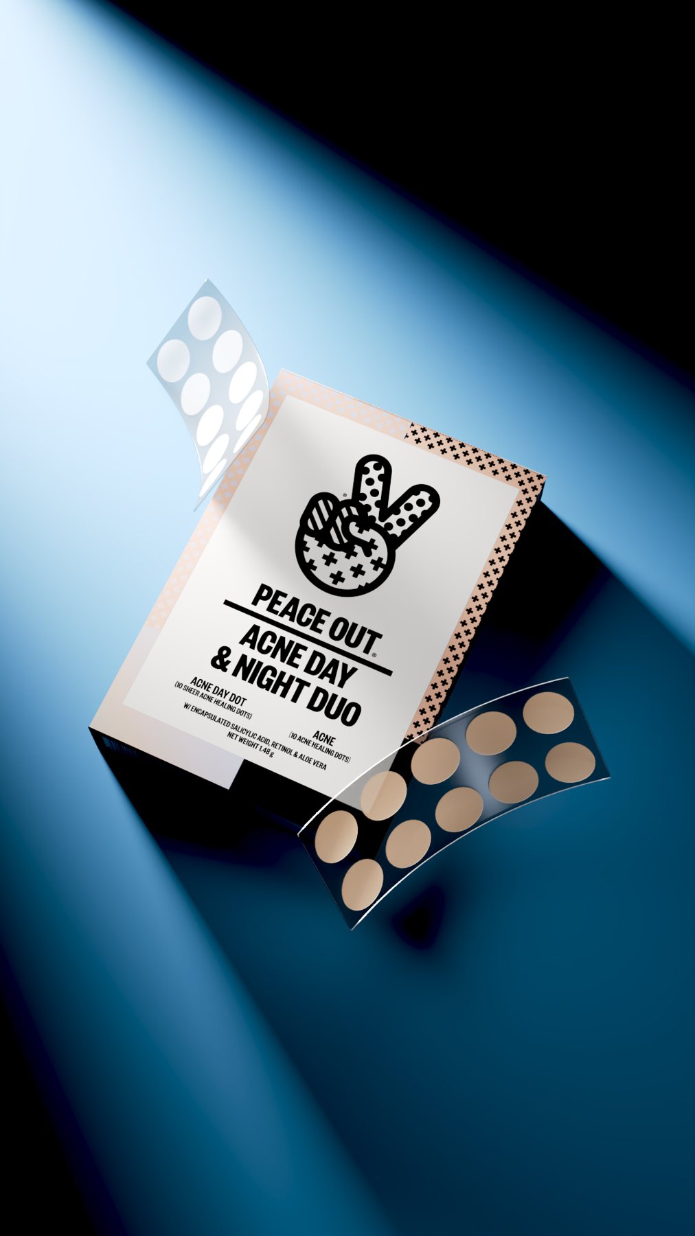 Acne Day and Night Duo box under a blue spotlight with floating patch sheets