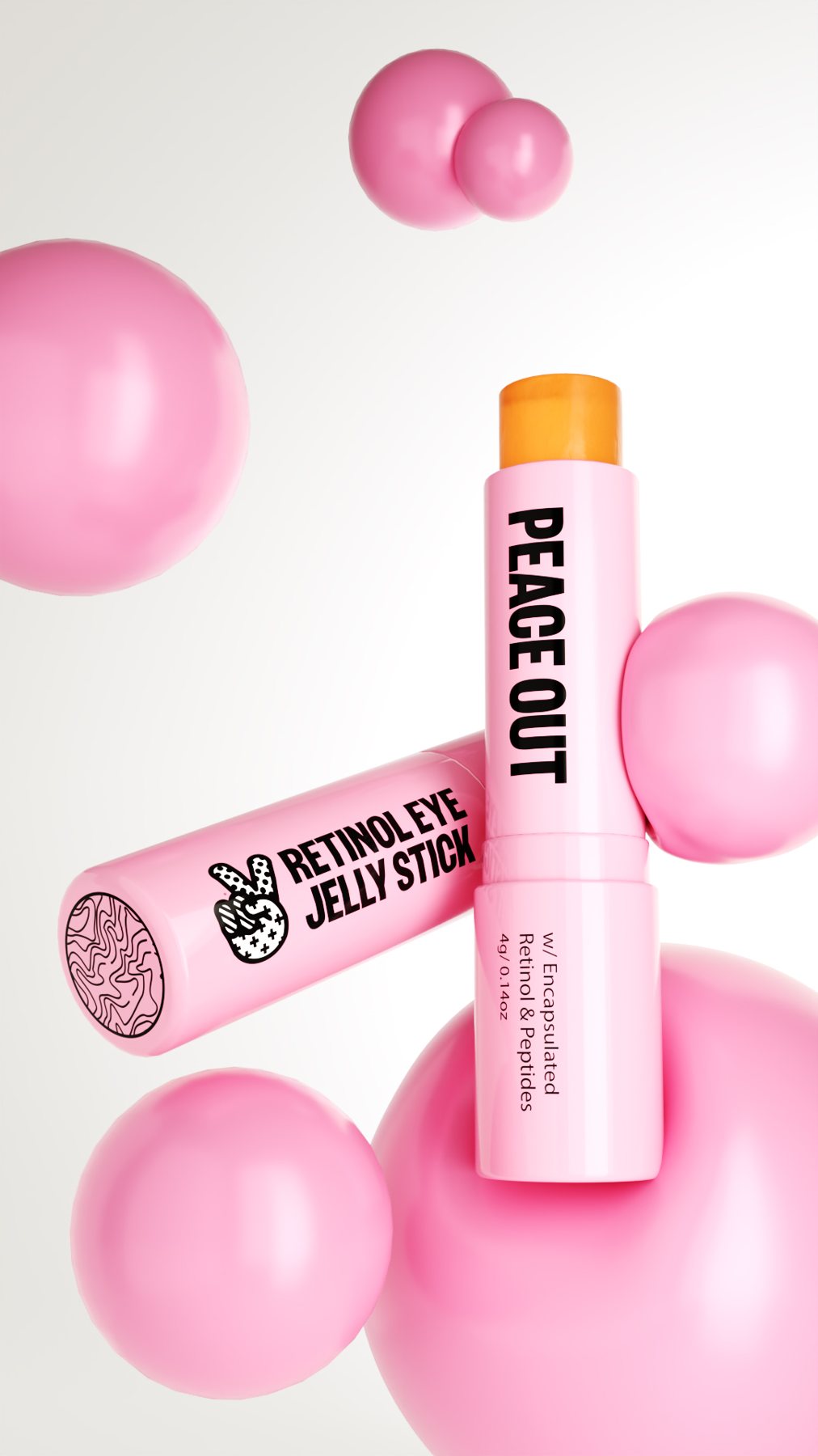 Open Retinol Eye Jelly Stick balanced between pink spheres