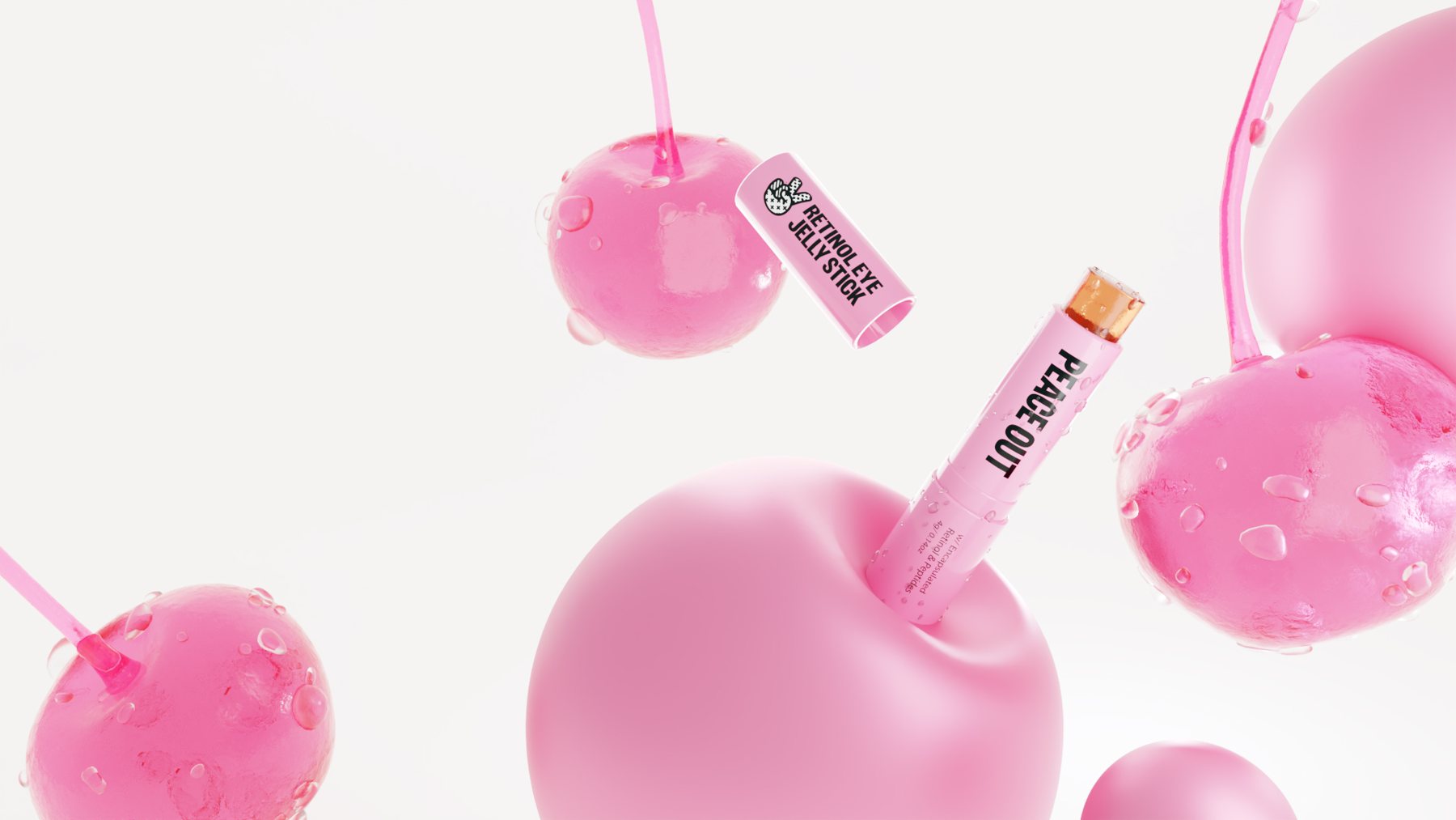 Retinol Eye Jelly Stick among glossy pink cherries with water droplets