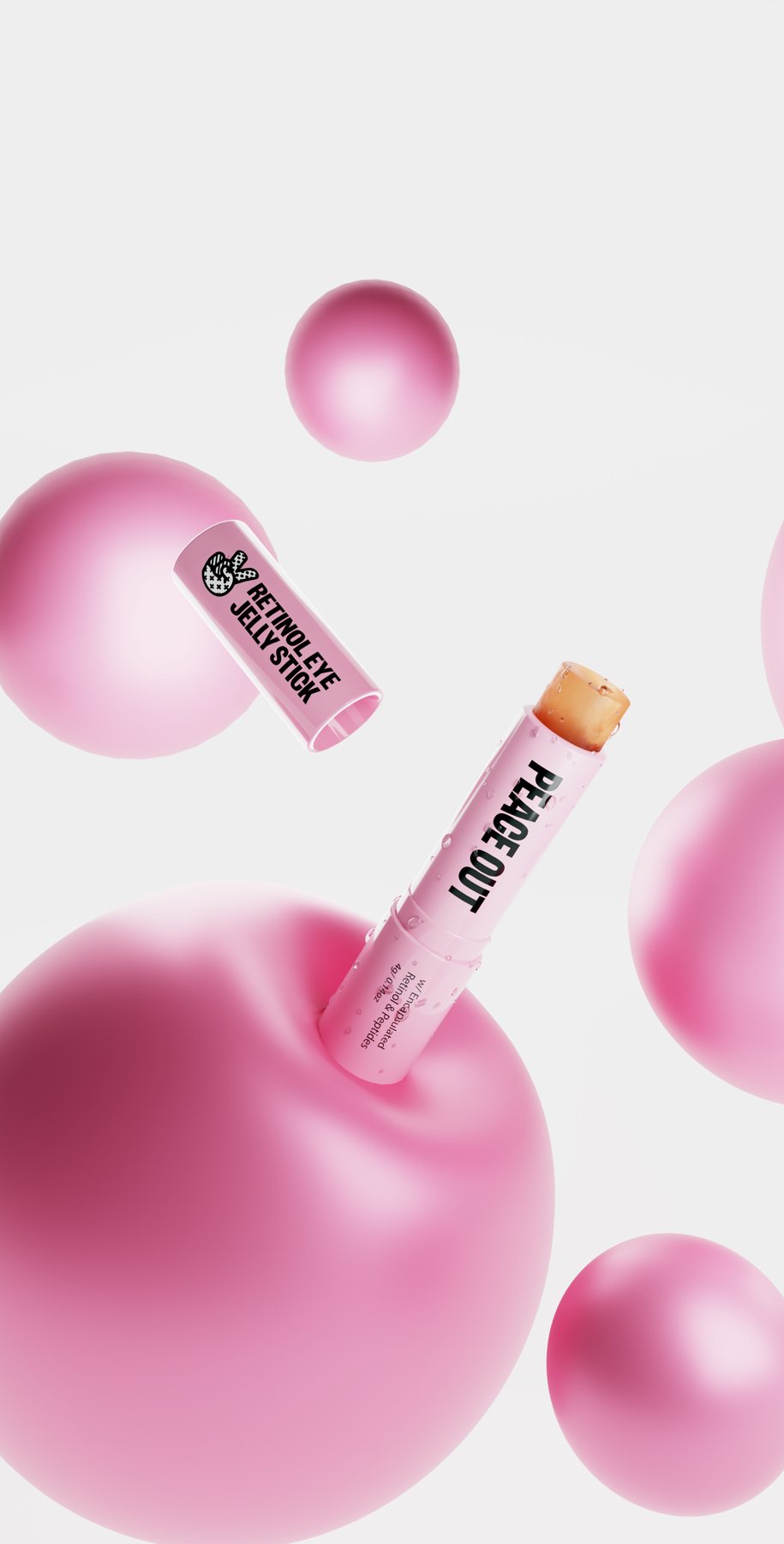 Pink Retinol Eye Jelly Stick emerging from a soft pink sphere with its cap floating