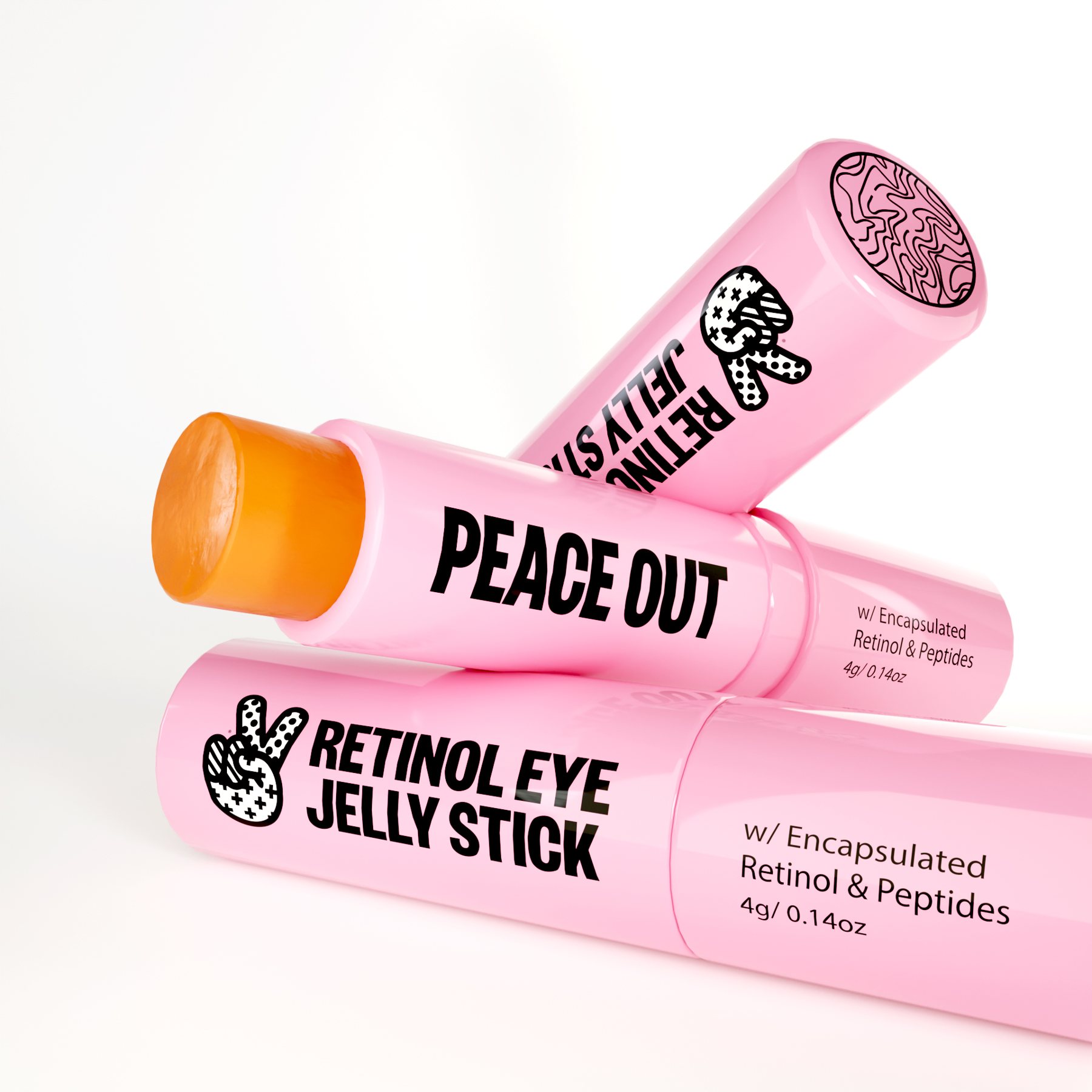 Three glossy pink Retinol Eye Jelly Sticks stacked, one open showing the orange balm