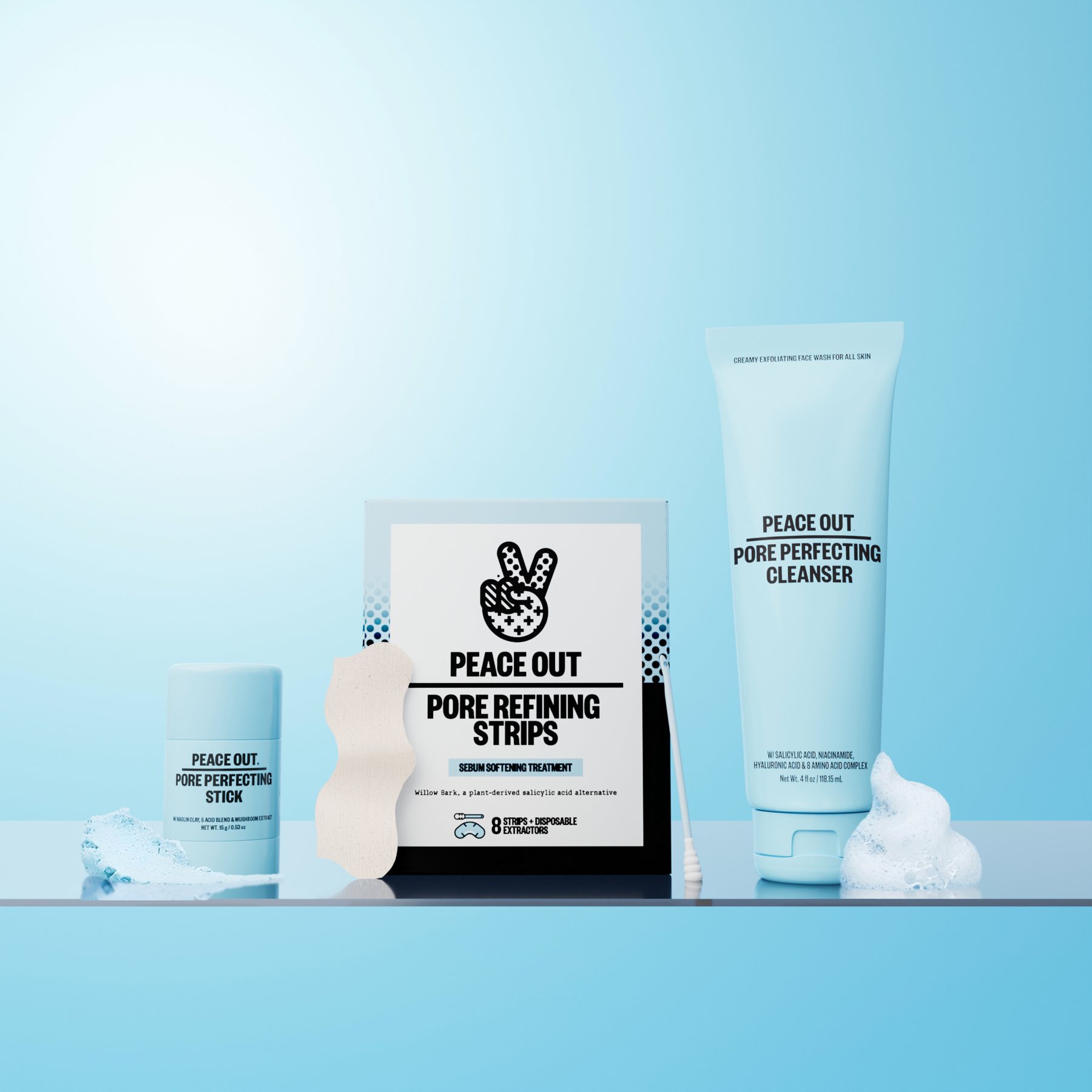 Pore Perfecting Stick, Pore Refining Strips and Pore Perfecting Cleanser with texture swatches on blue