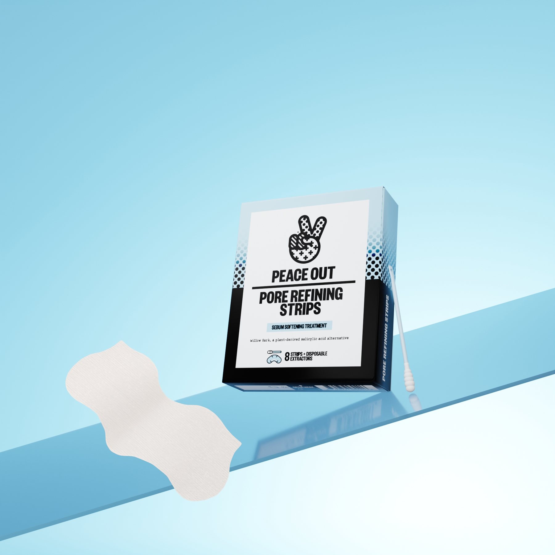 Peace Out Pore Refining Strips box and a floating nose strip on an ice blue glass ledge